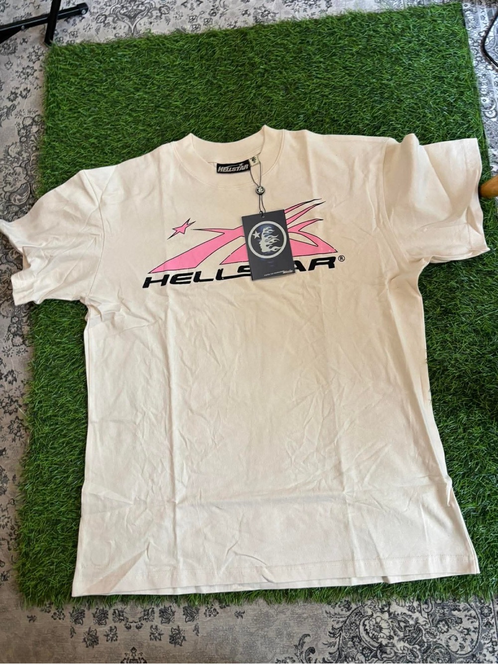 Hellstar Cream Graphic Tee with Pink Logo